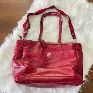 Coach Women Signature C Embossed Garnet Red Patent Leather Diaper Bag Tote Large